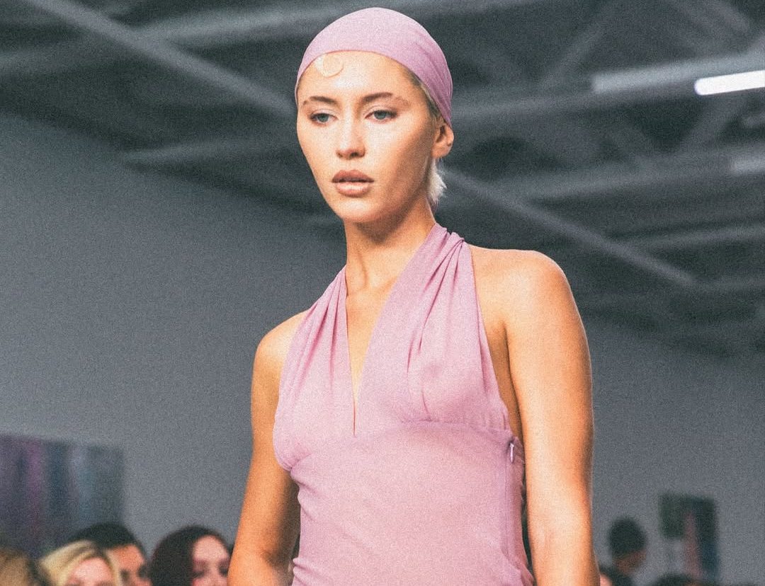 On Pop Spring Summer 2026Look 2Iris Law wears the dead stock silk georgette Kiera dress and head (1)